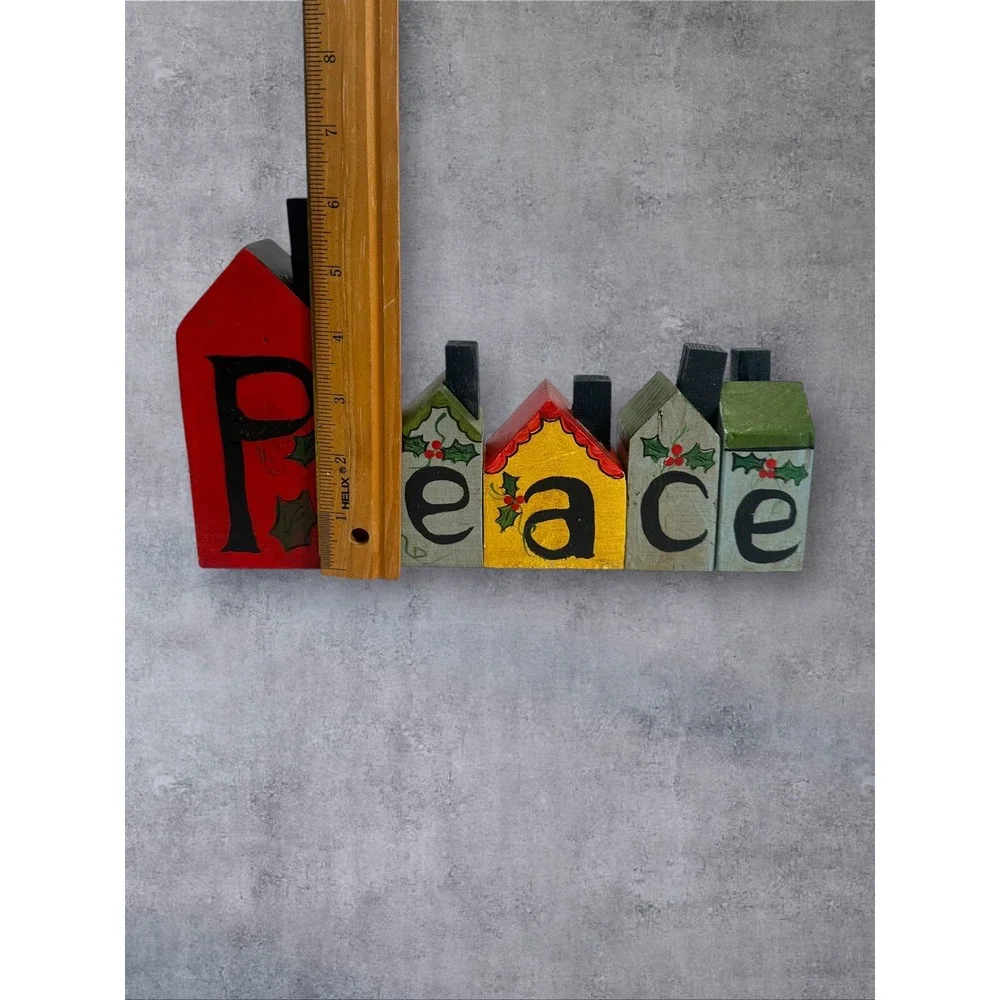 Hand Painted Peace Wooden House Blocks Christmas Decor Multicolor Folk Art Holly